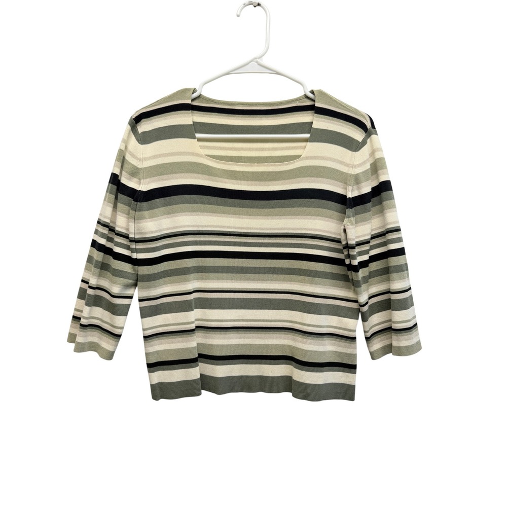 Eileen Fisher Silk Blend Striped Square‎ Neck Top Size L Green Women READ